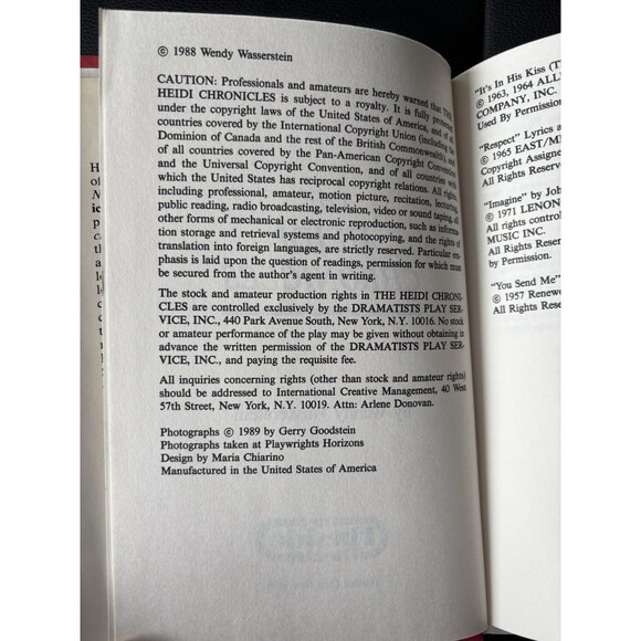 The Heidi Chronicles A Play by Wendy Wasserstein 1989 Vintage Hardcover W/ DJ - Picture 5 of 5